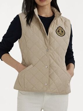 Ralph Lauren Women's Quilted Tan Sleeveless Vest with Crest Patch,  size L